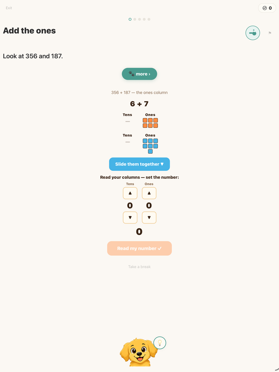 A column-addition step on the iPad: "Add the ones" for 356 + 187, with 6 and 7 shown as blocks to slide together and the child setting the tens and ones digits themselves.
