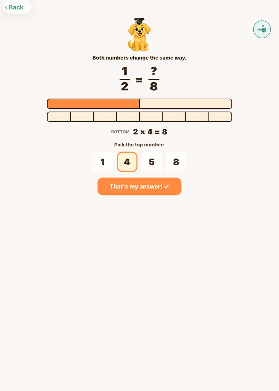 A fractions step taught with bars: one half equals how many eighths — the puppy says both numbers change the same way, two bars show the halves and the eighths, and the child picks the top number